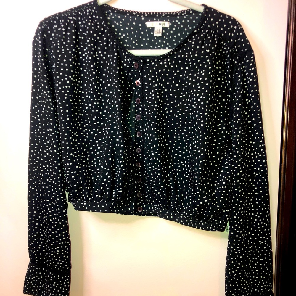 Polka dot button down top.